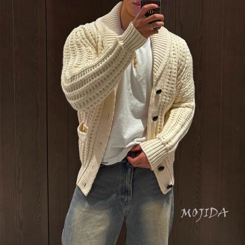 韩国男装代购韩国高品设计师弧型翻领重工羊毛针织开衫外套CD1690