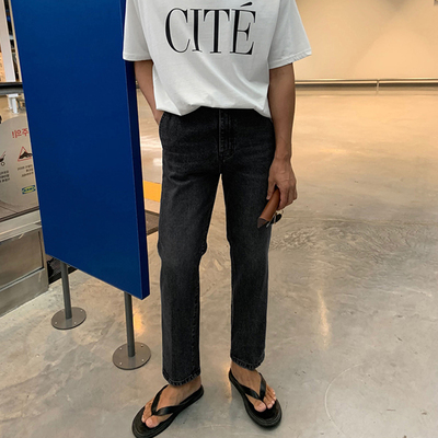 斜插水洗弹力修身九分黑色牛仔裤