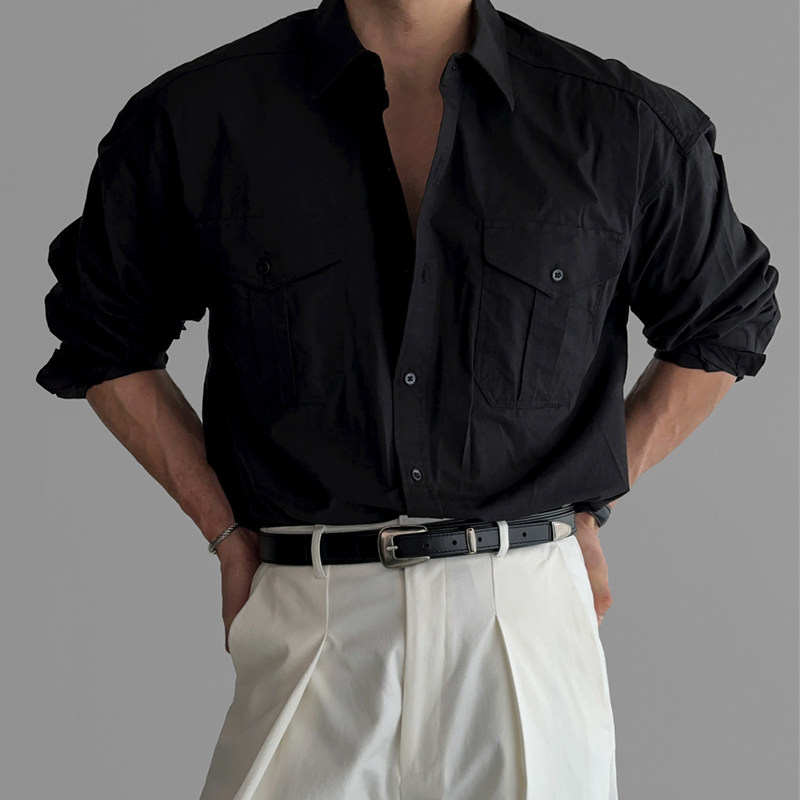 春秋款韩国男装代购纯色双口袋装饰尖领宽松休闲长袖衬衫男SH1456
