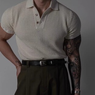 男装 翻领t恤男 镂空针织polo衫 短袖 TS3765 肌肉修身 魔吉达韩国代购