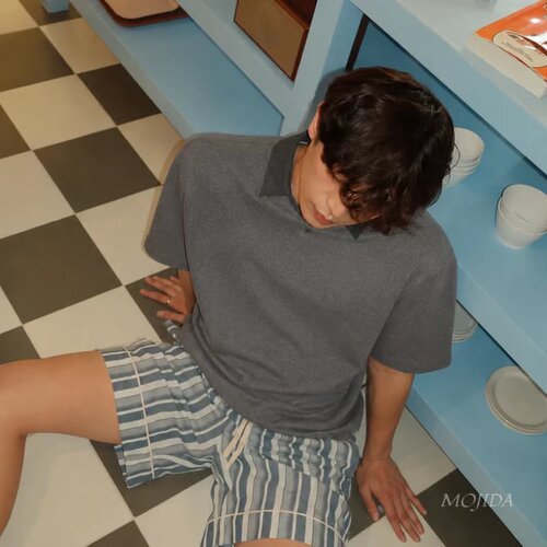 韩国代购东大门男装罗纹拼领落肩廓形小众设计宽松短袖T恤TS6290