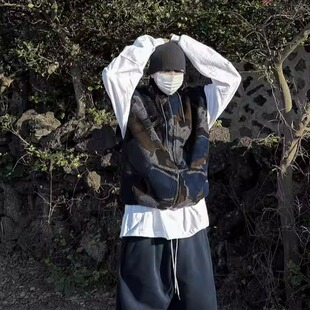 韩国代购男装马甲外套连帽迷彩羊羔绒冬季保暖男女同款背心JK4413