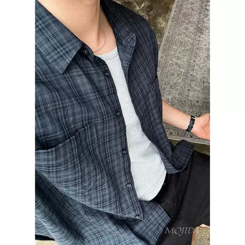 韩国东大门代购夏季时尚褶皱格纹复古休闲百搭卷边短袖衬衫SH2819