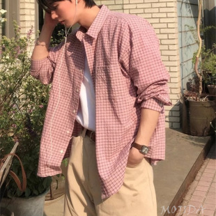 衬衫 韩国男装 纯棉格子宽松长袖 vintage褶皱纹理感夏季 SH2197 代购