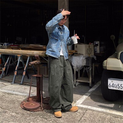 韩国男装代购SETTLE弧形切割拼接捏褶秋冬阔腿直筒休闲裤男PT3858