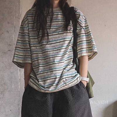 韩国东大门代购小众扎染横条纹下摆抽绳圆领短袖T恤衫男女-TS5430