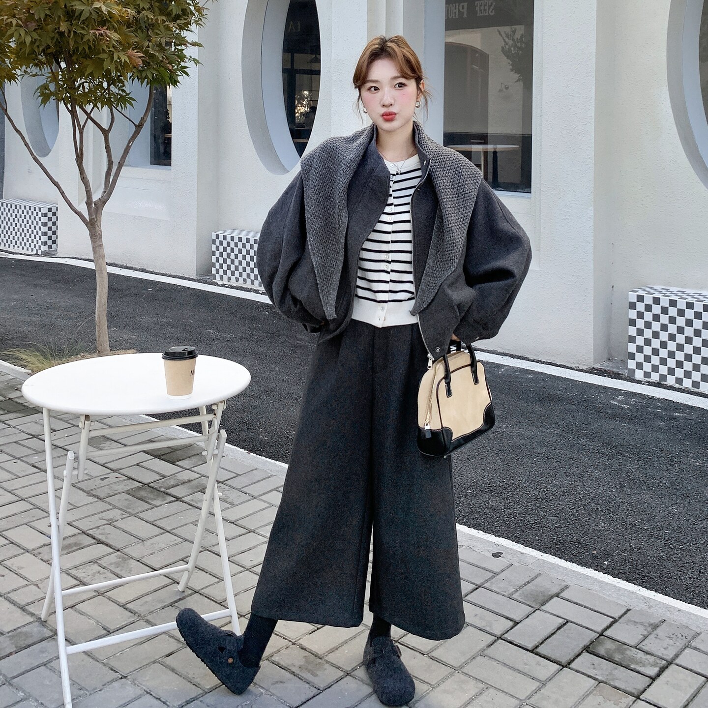 设计感显瘦上衣休闲裤双面呢套装女2025秋冬季新款韩版减龄两件套图片