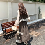 休闲减龄穿搭咖色条纹马甲套装女春秋超火好看高级感半身裙三件套，女装套装/套裙，2D073
