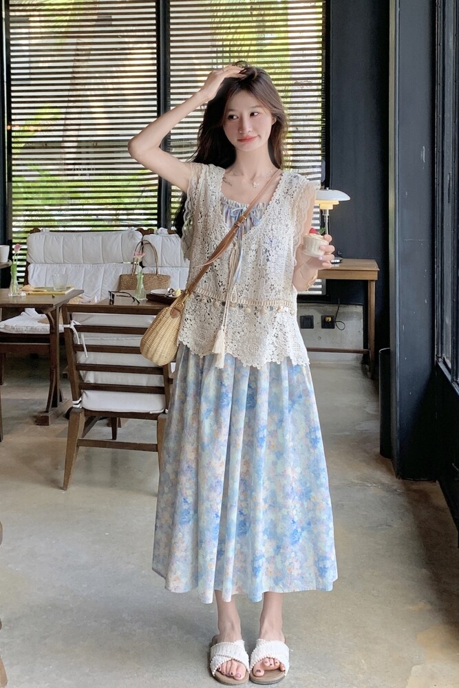 甜美罩衫叠穿碎花吊带连衣裙女夏2025新款温柔风减龄爆款长裙,女装连衣裙,2D073