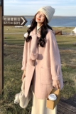 可拆卸针织连帽双面羊毛大衣女秋冬新款甜美宽松小个子毛呢外套潮，女装毛呢外套，2D073