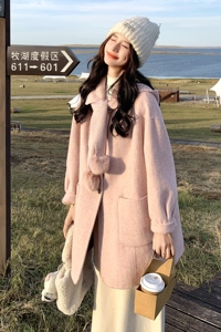 可拆卸针织连帽双面羊毛大衣女秋冬新款甜美宽松小个子毛呢外套潮图片