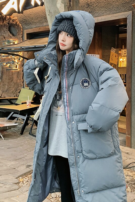 蓝灰色韩版学院风羽绒服女2025年冬季新款90白鸭绒加厚保暖面包服图片