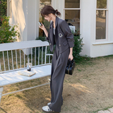 学院风徽章西装阔腿裤套装女2025春秋季新款高级感小众气质两件套，女装套装/套裙，2D073