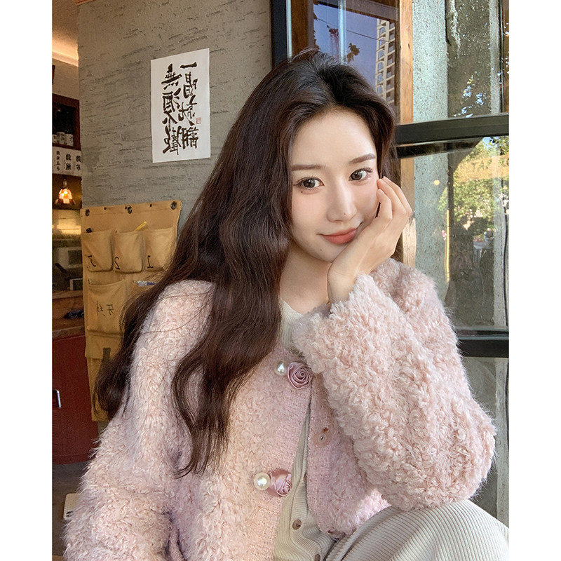 粉色小个子羊羔毛羽绒服女2025冬季新款名媛小香风90白鸭绒短外套图片