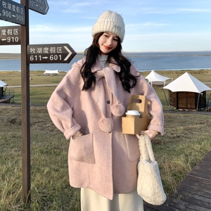 可拆卸针织连帽双面羊毛大衣女秋冬新款甜美宽松小个子毛呢外套潮图片