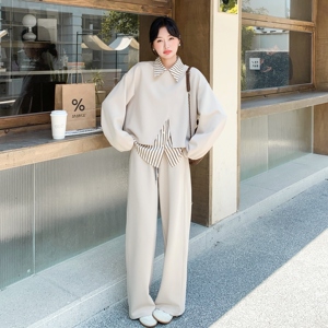 松弛风通勤风裤子长袖春秋外穿阔腿裤休闲风时尚套装气质直筒百搭图片