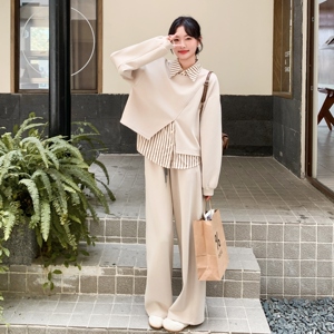 松弛风通勤风裤子长袖春秋外穿阔腿裤休闲风时尚套装气质直筒百搭图片