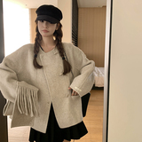 燕麦色韩版宽松围巾羊毛双面呢子外套女秋冬季新款小个子短款毛呢，女装毛呢外套，2D073