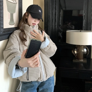 蓝色格子两面穿短款羽绒服外套女冬季2025新款千金感白鸭绒面包服图片