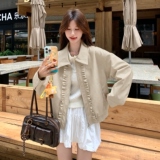 卡其色花边拼接工装短外套女2025秋季新款小个子超火流行夹克上衣，女装皮衣，2D073