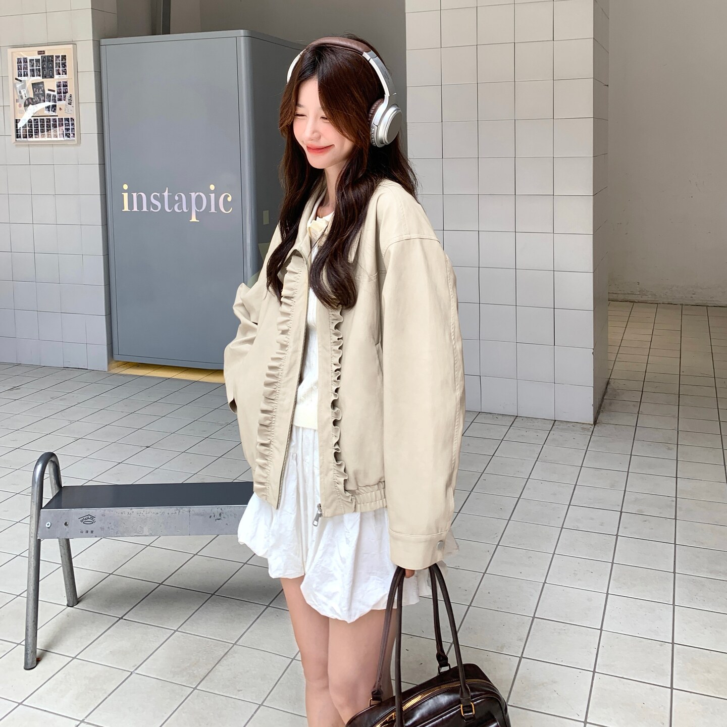 卡其色花边拼接工装短外套女2025秋季新款小个子超火流行夹克上衣图片