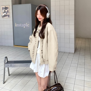 卡其色花边拼接工装短外套女2025秋季新款小个子超火流行夹克上衣图片