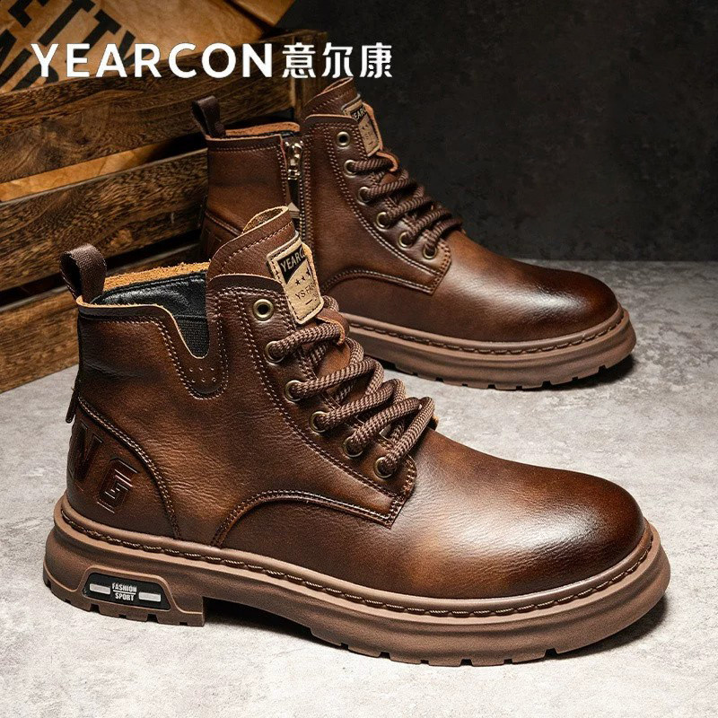 意尔康马丁靴子男鞋2026新款春秋冬季加绒百搭英伦风男士中帮板鞋