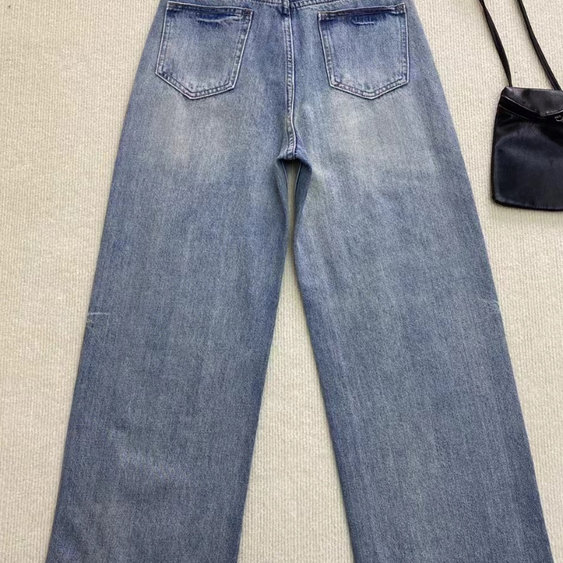 春季极简风高腰阔腿裤蓝色韩版百搭休闲时尚水洗女长裤牛仔裤复古