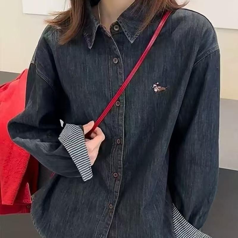 韩系复古小狗刺绣牛仔衬衫女2025冬季新款翻领小众打底