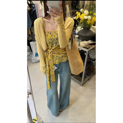 雪纺不规则碎花吊带+防晒长袖冰丝针织披肩两件套女洋气上衣2186