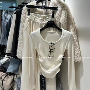 穿搭高级感套装女不规则收腰显瘦长袖上衣+高腰加绒阔腿裤2024冬