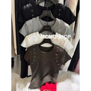 肩膀暗扣设计感短袖 韩系时髦个性 T恤女宽松显瘦上衣 新款 2026春季