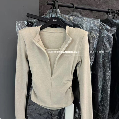 十三行秋冬新款韩版百搭时尚百搭纯色假两件显瘦拉链磨毛衫上衣女