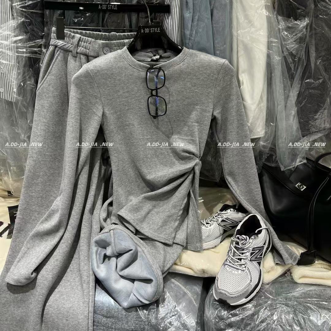 2024秋冬新款穿搭一整套休闲时尚开叉打底衫上衣阔腿裤两件套装女