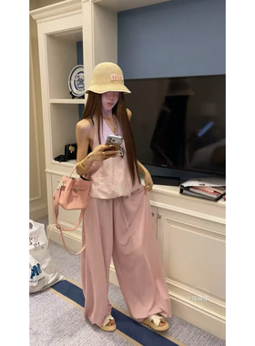 法式独特漂亮巨好看穿搭一整套白色挂脖上衣夏季时尚宽松裤子套装