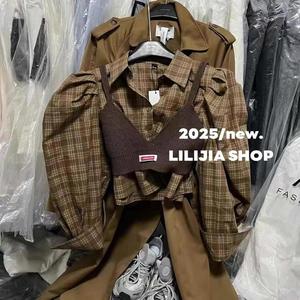 韩国东大门2025春季新款复古格子衬衫+吊带背心两件套女