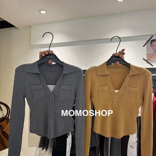 2025秋冬新款韩版垫肩翻领针织打底衫高级感浅黄色毛衣女