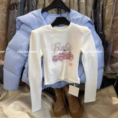 2025秋冬新款卡通印花磨毛长袖T恤女白色修身短款可爱加绒上衣