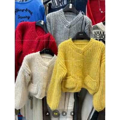 2025羊绒单排扣灯笼袖软糯毛衣外套短款百搭休闲针织开衫女