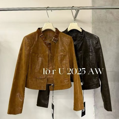 复古卡扣系带立领PU皮衣外套女2025秋季短款休闲显瘦工装夹克