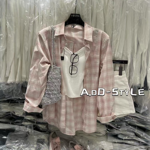 2025春夏新款韩版百搭宽松显瘦蕾丝吊带背心+粉色格子衬衫套装