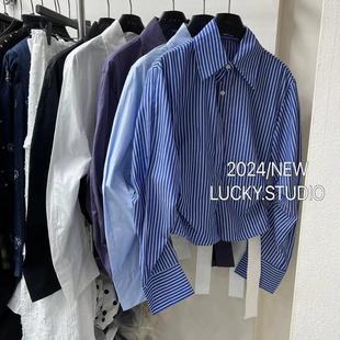2025春季新款韩版通勤百搭翻领条纹长袖衬衫女装修身收腰气质上衣