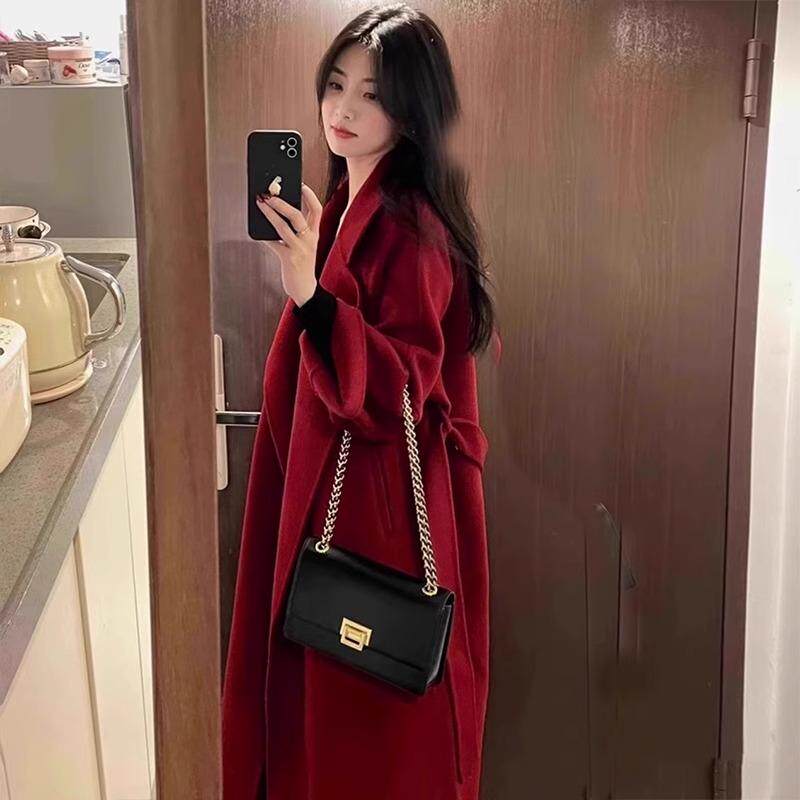 高级感双面羊毛大衣女中长款秋冬季新款新娘结婚敬酒红色毛呢外套