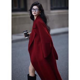 高级感酒红色绵羊毛女中长款收腰系带新娘结婚敬酒新年毛呢外套女