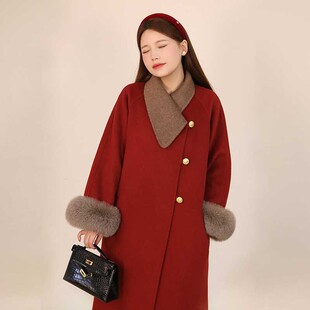 红色双面羊毛大衣女中长款高级感千金风新娘结婚敬酒服毛领外套女