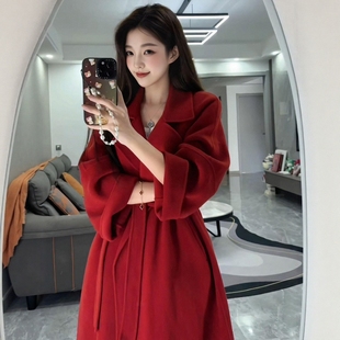 酒红色双面羊毛大衣女中长款 系带新娘结婚敬酒高级感毛呢外套女