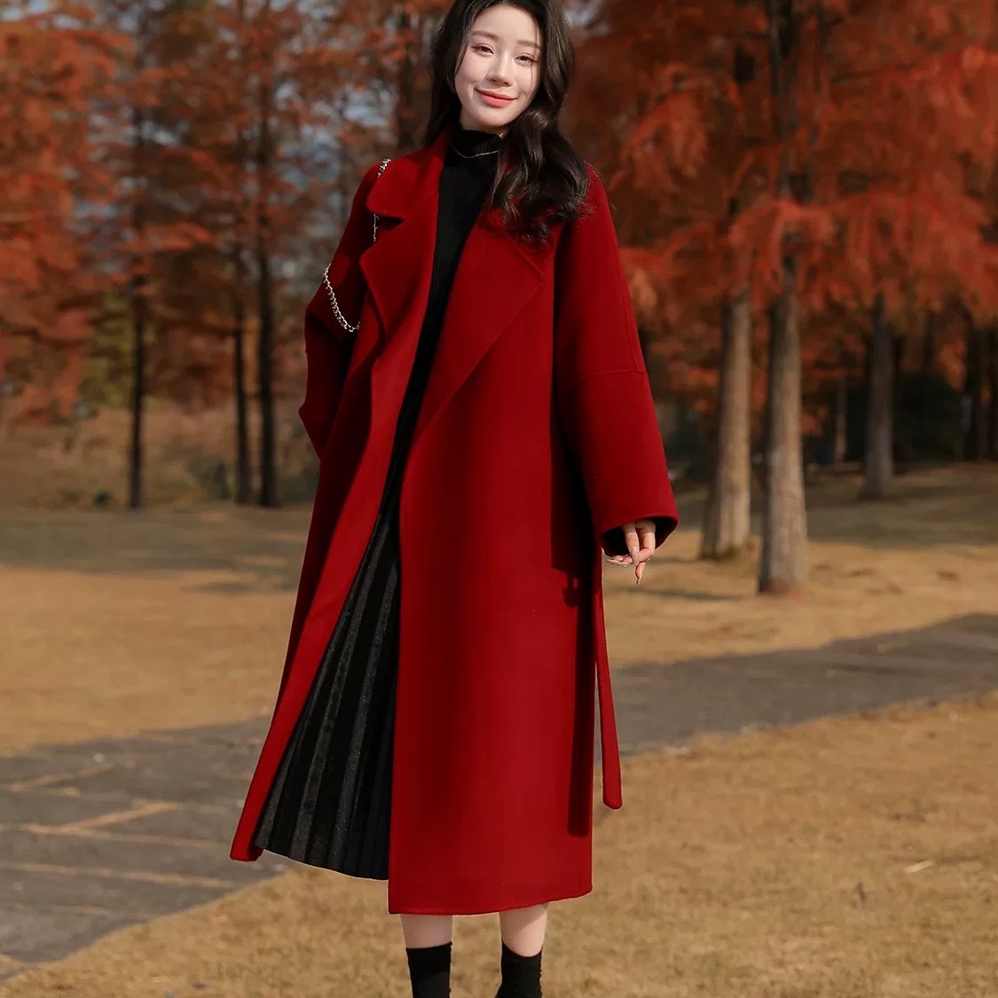 高级感酒红色双面羊毛大衣女过膝系带新娘结婚过年新年毛呢外套女