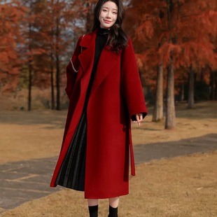 高级感酒红色双面羊毛大衣女过膝系带新娘结婚过年新年毛呢外套女