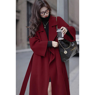 酒红色双面羊毛大衣女秋冬新款 高级感毛呢外套 结婚新年跨年中长款