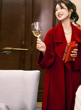 红色双面羊毛大衣女中长款新娘结婚敬酒服喜庆新年礼服绵羊毛外套